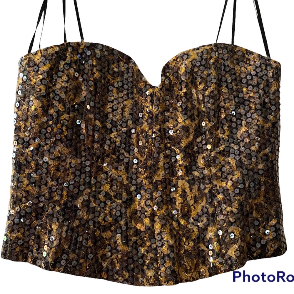 Farinae Collections Leopard Print bustier with sequins. Zipper back New Size 14